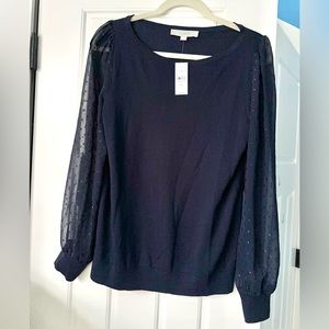 LOFT crewneck Navy light sweater with sheer sparkly sleeves. M Unworn w/tags on